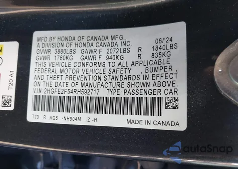 2024 Honda Civic Sport из США, поврежденный, VIN 2HGFE2F54RH592717